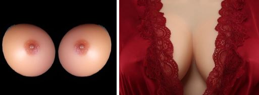 A pair of breast forms on the left and on the right the breast forms being worn through red lingerie.