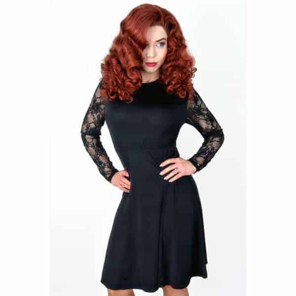 Black Flare Lace Sleeve Dress