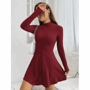 Long Sleeve Burgundy Flare Dress